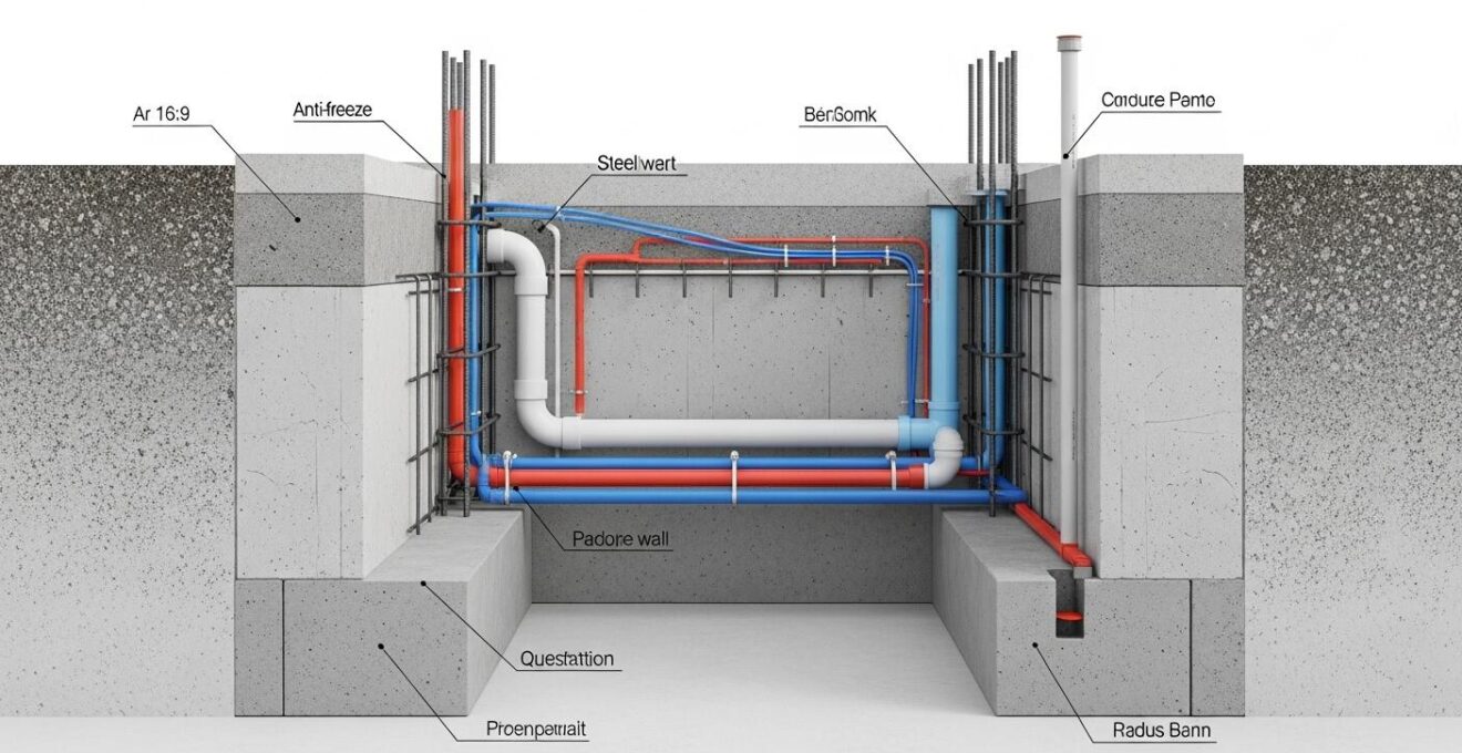 Schéma détaillé d’une semelle filante montrant la semelle, le mur de gel et la dalle, avec les indications des protections anti-gel et intégrations techniques.