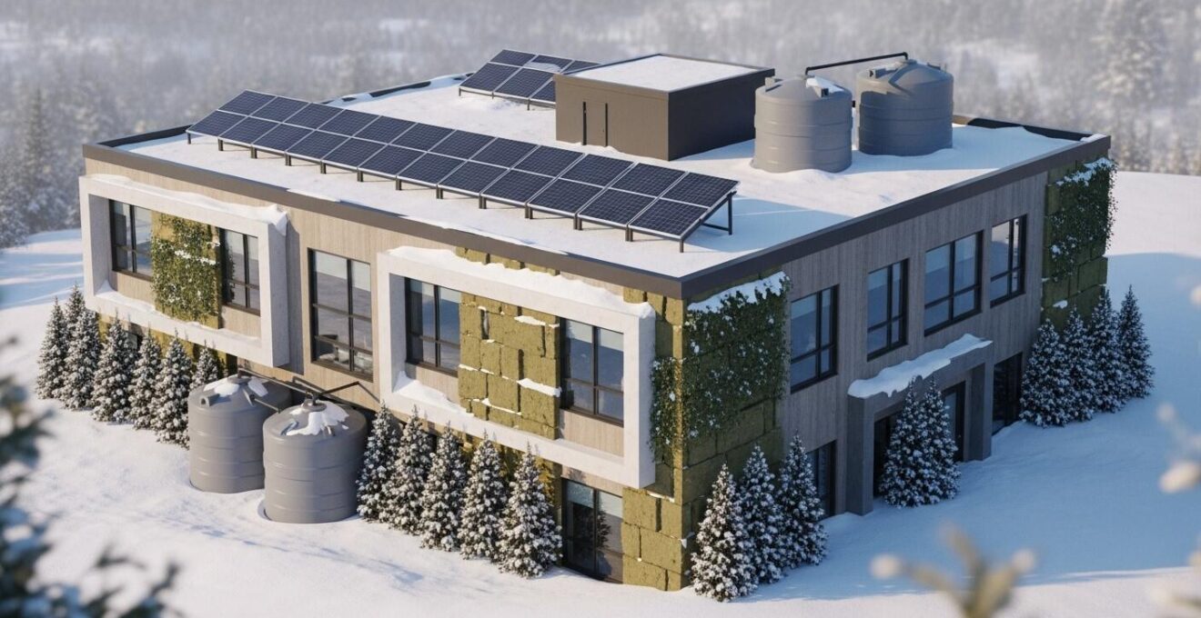 Un bâtiment moderne solide en environnement québécois hivernal avec des éléments symbolisant la résilience et la durabilité