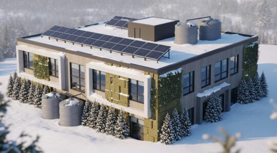 Un bâtiment moderne solide en environnement québécois hivernal avec des éléments symbolisant la résilience et la durabilité