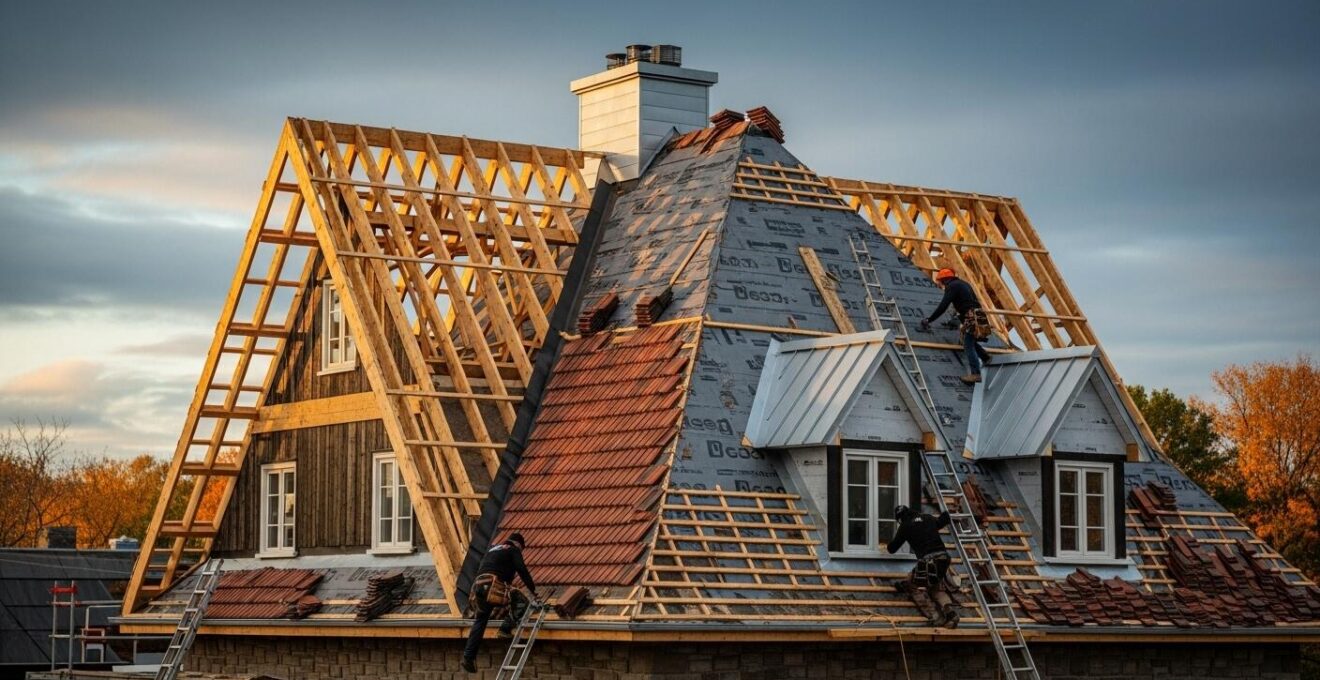 Vue panoramique d'une maison québécoise avec charpente visible et toiture en cours de rénovation sous un ciel clair d'automne