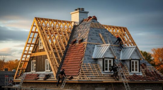 Vue panoramique d'une maison québécoise avec charpente visible et toiture en cours de rénovation sous un ciel clair d'automne