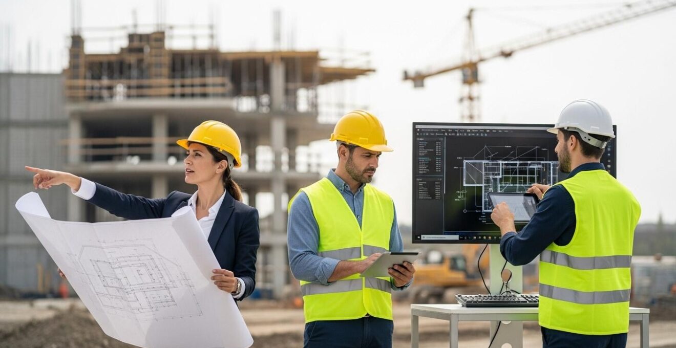 Visualisation symbolique de la collaboration entre architecte, ingénieur, et technologue sur un chantier de construction, avec métaphore d'équipe chirurgicale