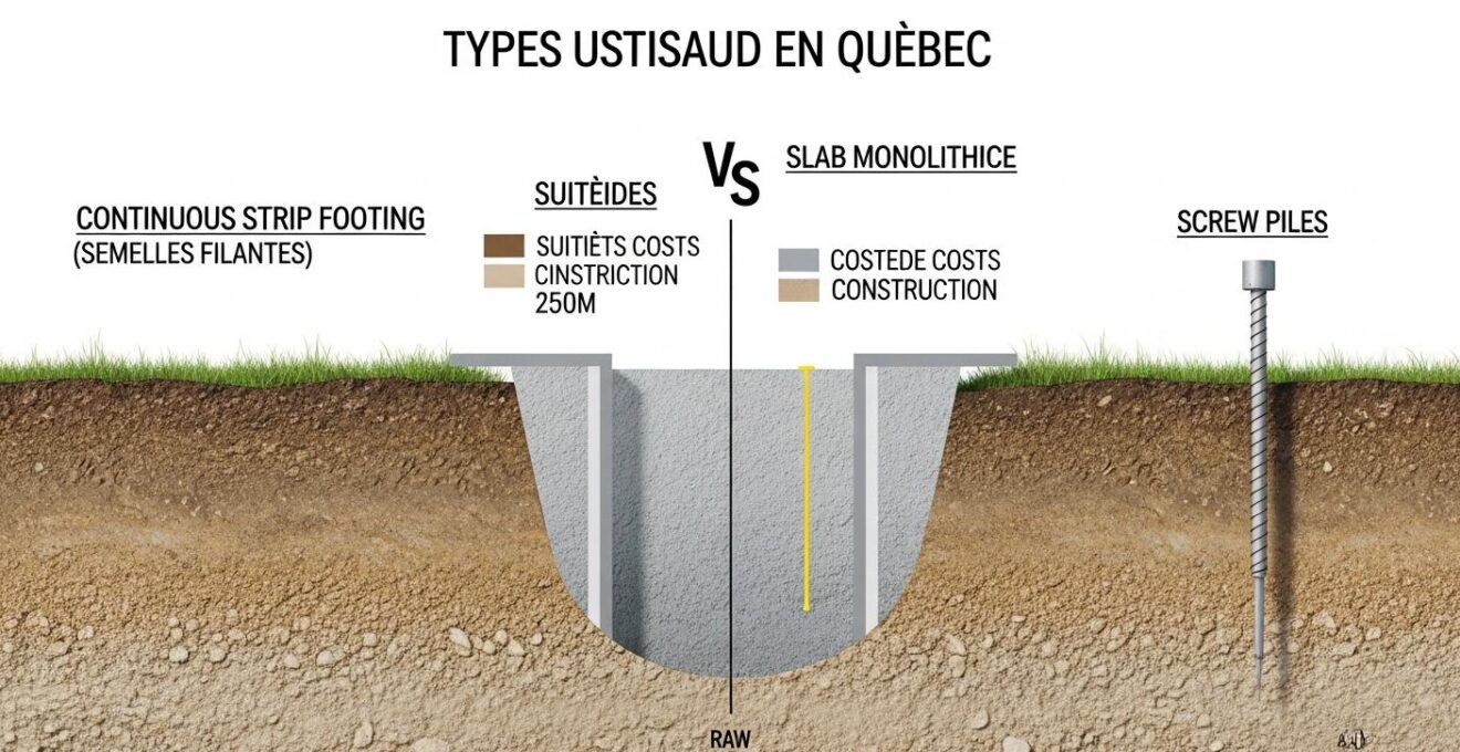 Illustration comparative des trois types de fondations : semelles filantes, dalle monolithique, pieux vissés, avec annotations techniques et points forts