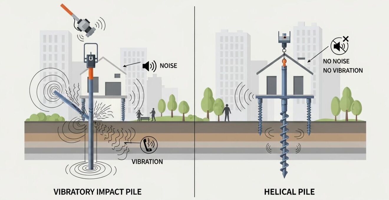 Schéma clair comparatif entre pieux battus et vissés utilisés pour les maisons au Québec.