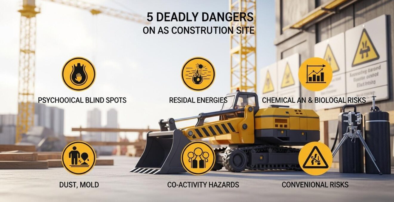 Illustration symbolique montrant cinq dangers mortels sur un chantier de construction, avec des icônes représentant les risques électriques, chimiques, chutes, énergies résiduelles et interférences.