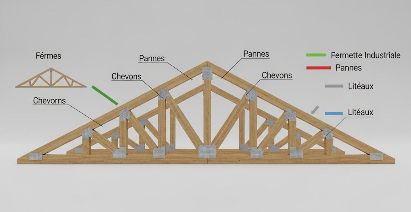 Schéma 3D coloré illustrant les assemblages des fermes, pannes, chevrons et liteaux dans une charpente traditionnelle et une fermette