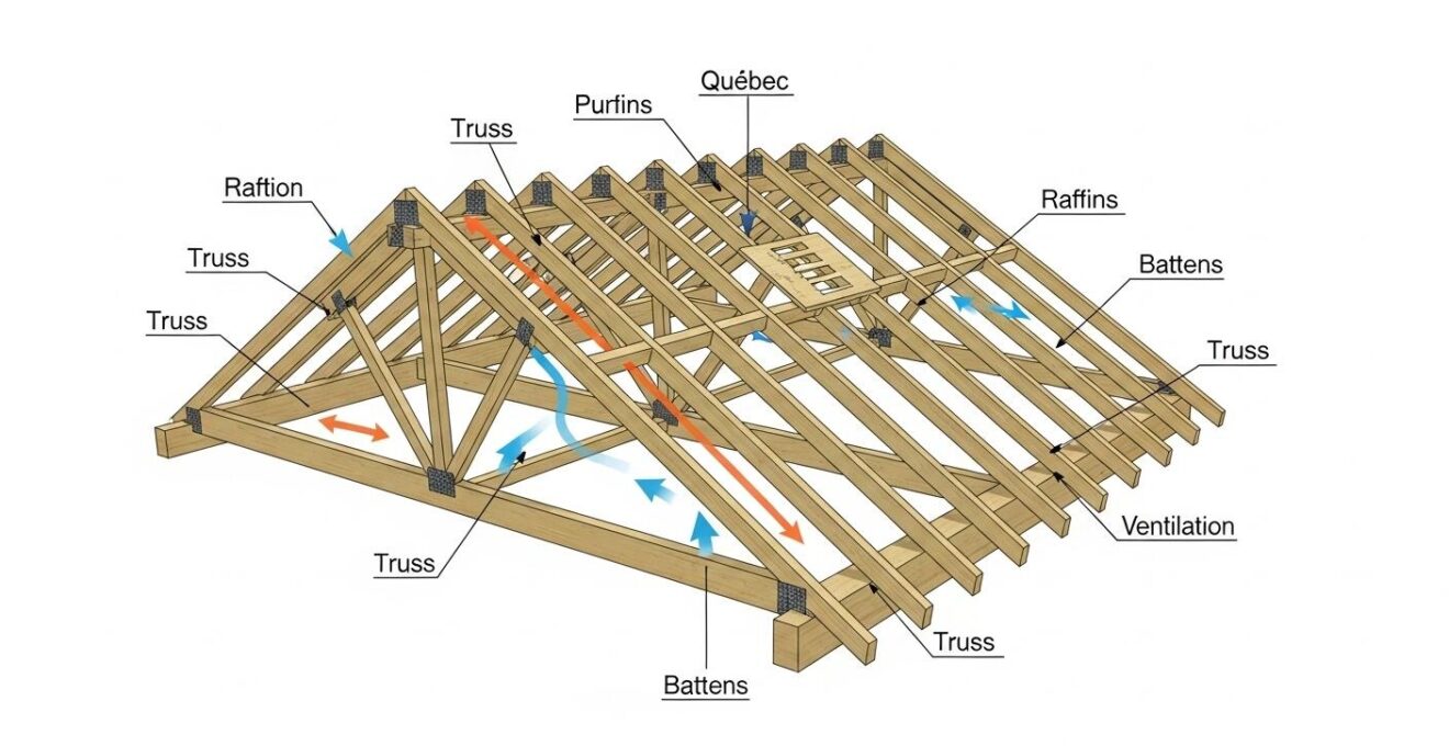 Schéma détaillé décomposant les fermes, pannes, chevrons et liteaux d'une toiture typique au Québec