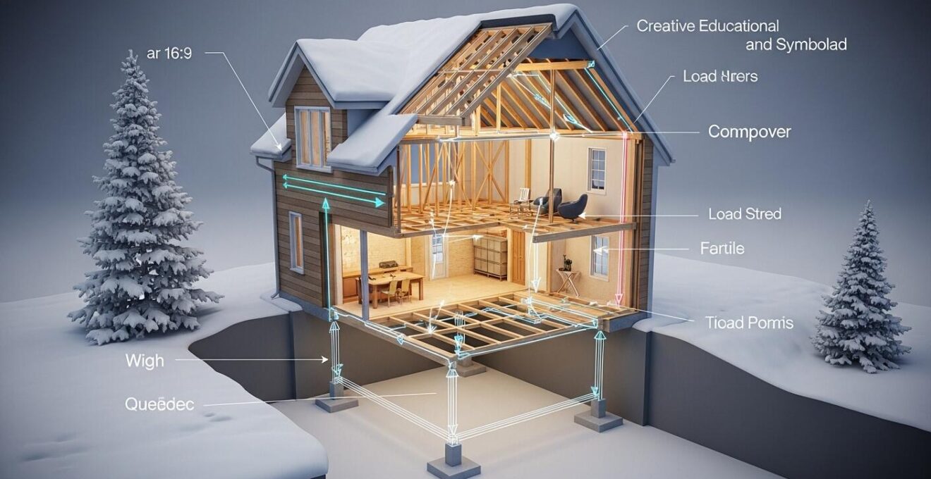 Schéma 3D montrant la descente des charges du toit aux fondations dans une maison québécoise