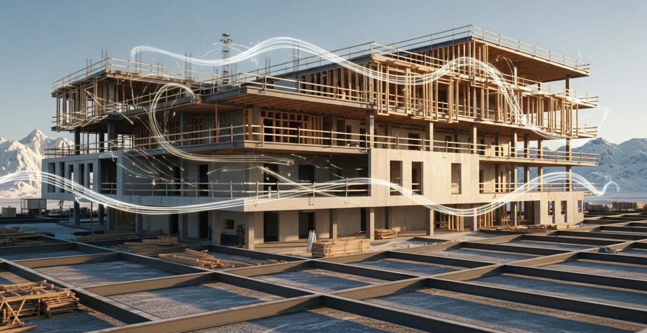Vue symbolique d'un bâtiment moderne en construction au Québec illustrant l'équilibre entre murs solides et systèmes de stabilité complexes.