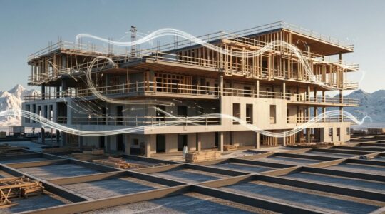 Vue symbolique d'un bâtiment moderne en construction au Québec illustrant l'équilibre entre murs solides et systèmes de stabilité complexes.