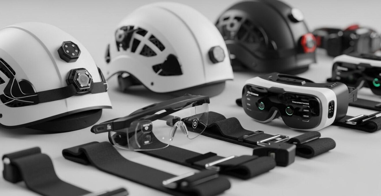 Photographie réaliste d’équipements de protection individuelle modernes et connectés, incluant casque connecté, harnais et lunettes de protection sur un fond neutre.