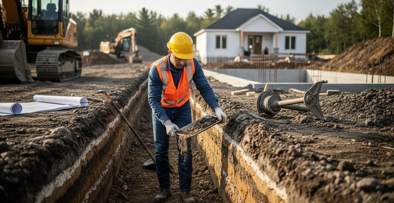 Vue aérienne d'un chantier de construction au Québec avec un ingénieur géotechnicien analysant des échantillons de sol