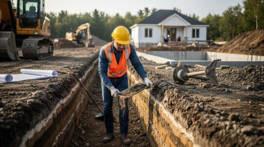 Vue aérienne d'un chantier de construction au Québec avec un ingénieur géotechnicien analysant des échantillons de sol