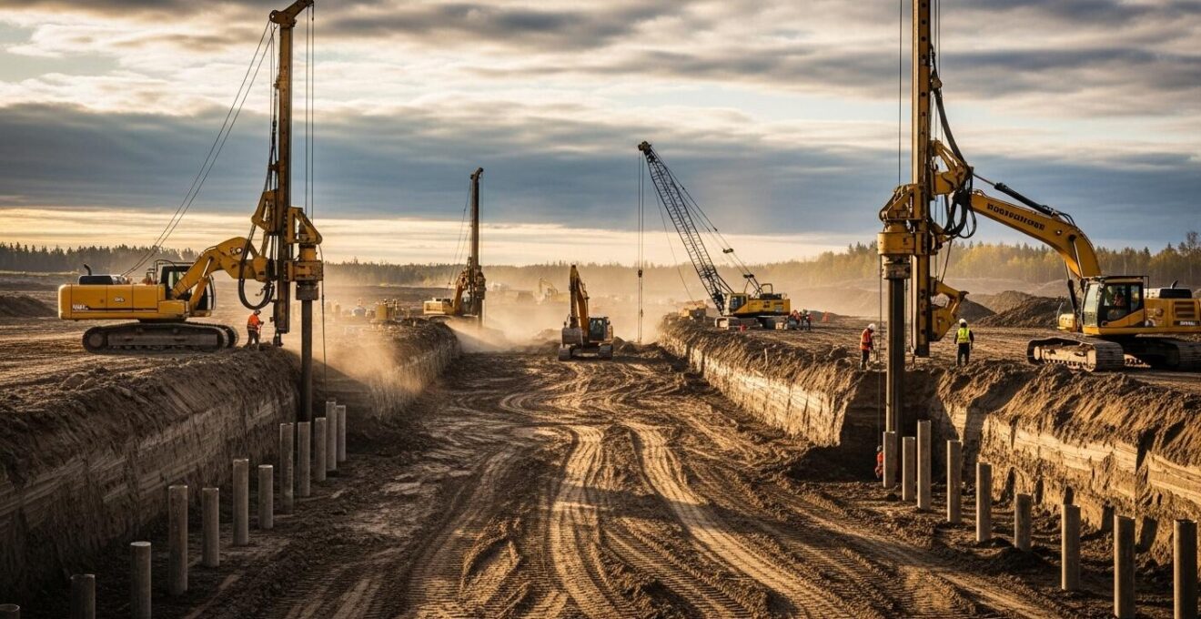 Vue panoramique d'un chantier au Québec montrant la mise en place de pieux profonds sous un grand bâtiment, avec opérateurs et machinerie lourde.