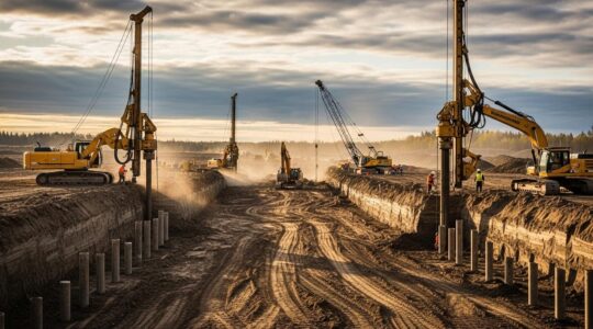 Vue panoramique d'un chantier au Québec montrant la mise en place de pieux profonds sous un grand bâtiment, avec opérateurs et machinerie lourde.