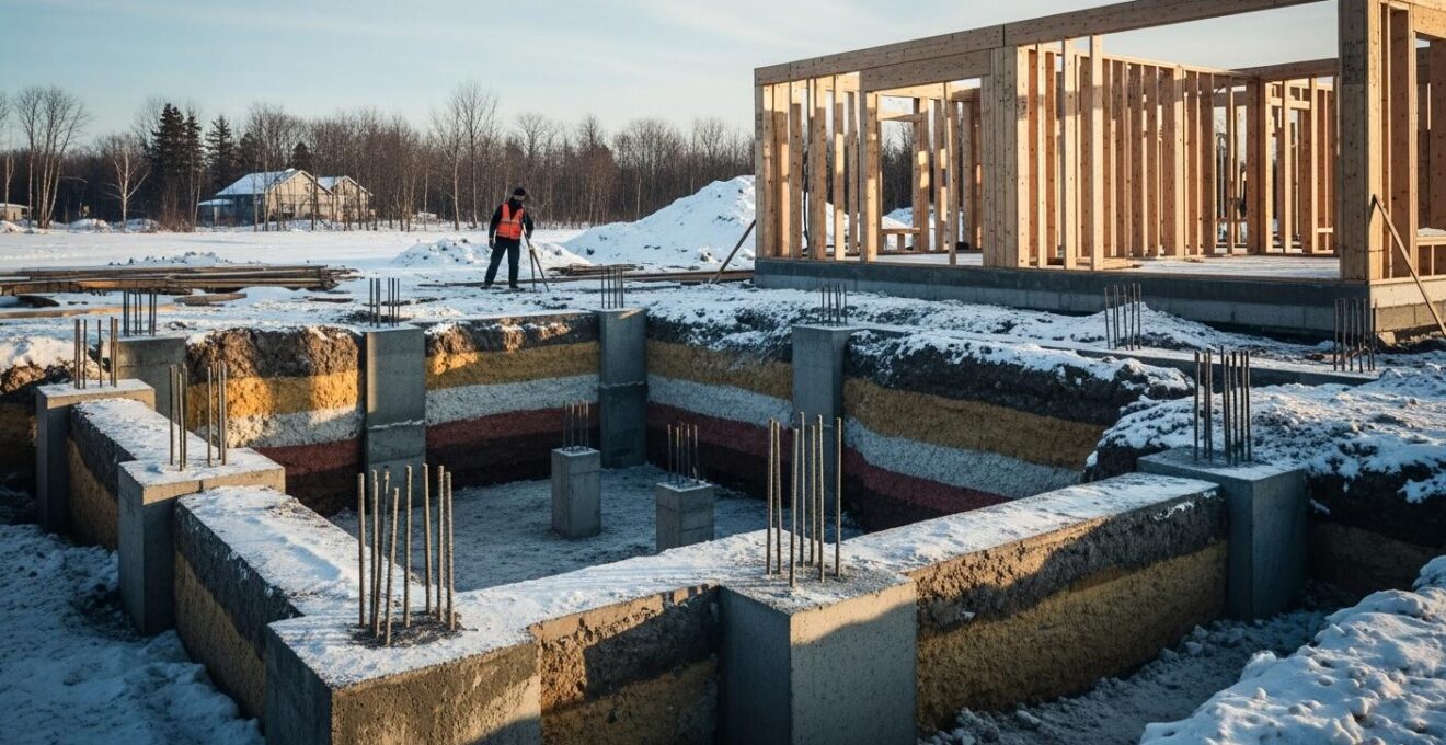 Vue panoramique d'une construction de fondations solides au Québec avec éléments montrant le sol gelé, les semelles, et une maison en arrière-plan sous un ciel hivernal