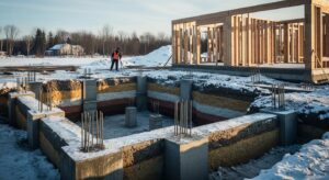 Vue panoramique d'une construction de fondations solides au Québec avec éléments montrant le sol gelé, les semelles, et une maison en arrière-plan sous un ciel hivernal