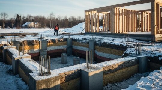 Vue panoramique d'une construction de fondations solides au Québec avec éléments montrant le sol gelé, les semelles, et une maison en arrière-plan sous un ciel hivernal
