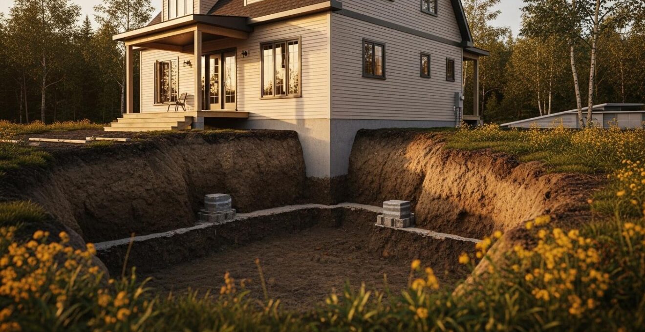 Vue cinématique d'une maison en construction avec ses fondations superficielles bien visibles, dans un paysage québécois, montrant la stabilité structurelle