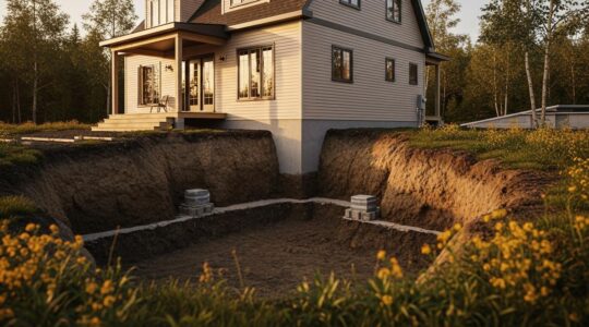 Vue cinématique d'une maison en construction avec ses fondations superficielles bien visibles, dans un paysage québécois, montrant la stabilité structurelle