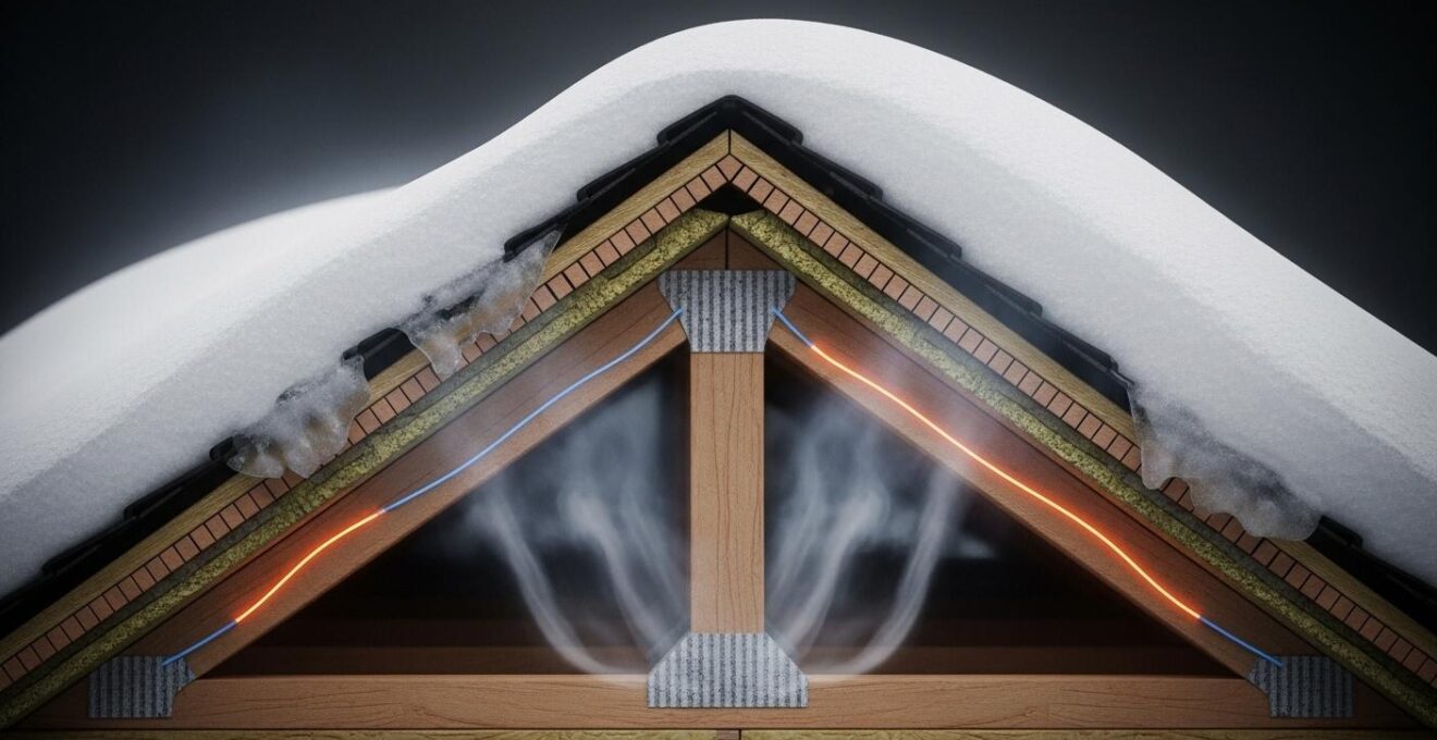 Illustration montrant une toiture québécoise avec accumulation de neige et formation de barrage de glace