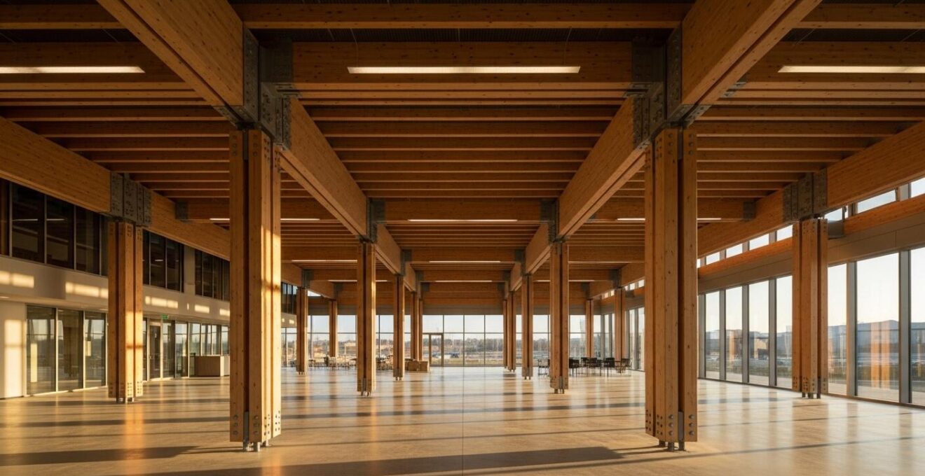 Visuel montrant une grande portée de plancher en bois d’ingénierie avec poutrelles ajourées et un grand espace ouvert intérieur