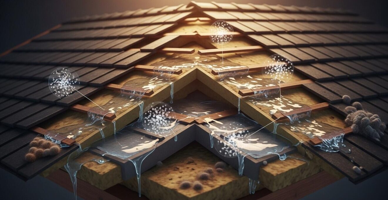 Infographie détaillée montrant les conséquences des infiltrations d’eau dans la toiture sur la santé du bâtiment et des occupants à Québec