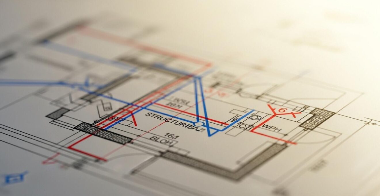Visualisation technique superposant plans de plomberie, électricité et structure pour un bâtiment.