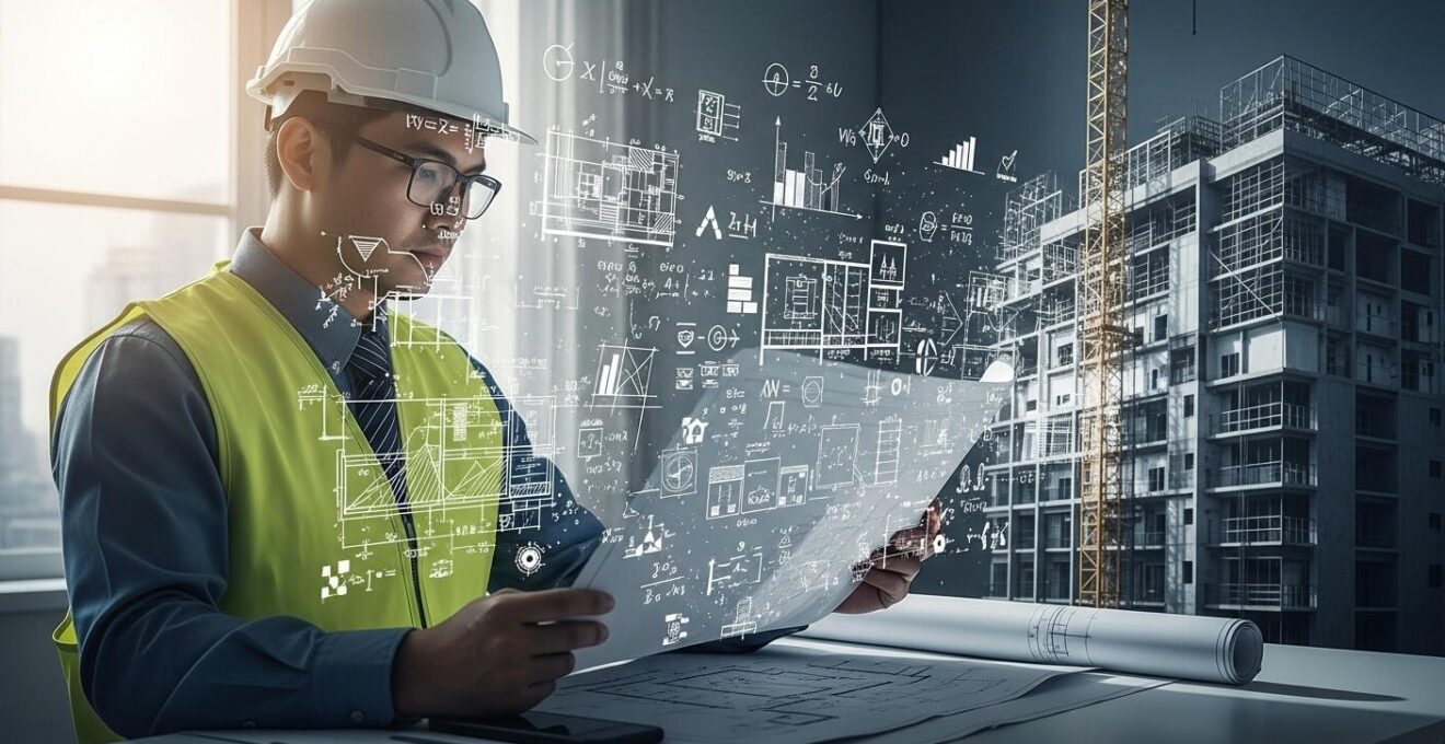 Illustration conceptuelle montrant un ingénieur analysant des plans complexes avec en arrière-plan un bâtiment en construction et des symboles techniques flottants