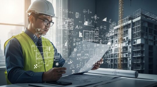 Illustration conceptuelle montrant un ingénieur analysant des plans complexes avec en arrière-plan un bâtiment en construction et des symboles techniques flottants