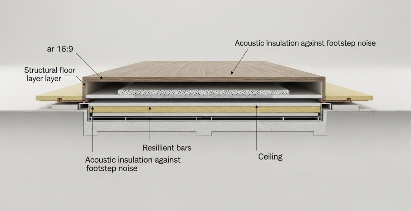 Schéma détaillé d’un plancher montrant les différentes couches d’isolation acoustique contre les bruits de pas