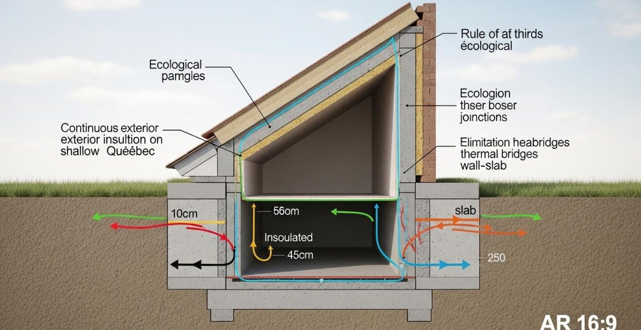 Vue croisée montrant l’isolation extérieure continue autour d’une fondation superficielle avec des matériaux écologiques et des schémas thermiques illustrant l’élimination des ponts thermiques.