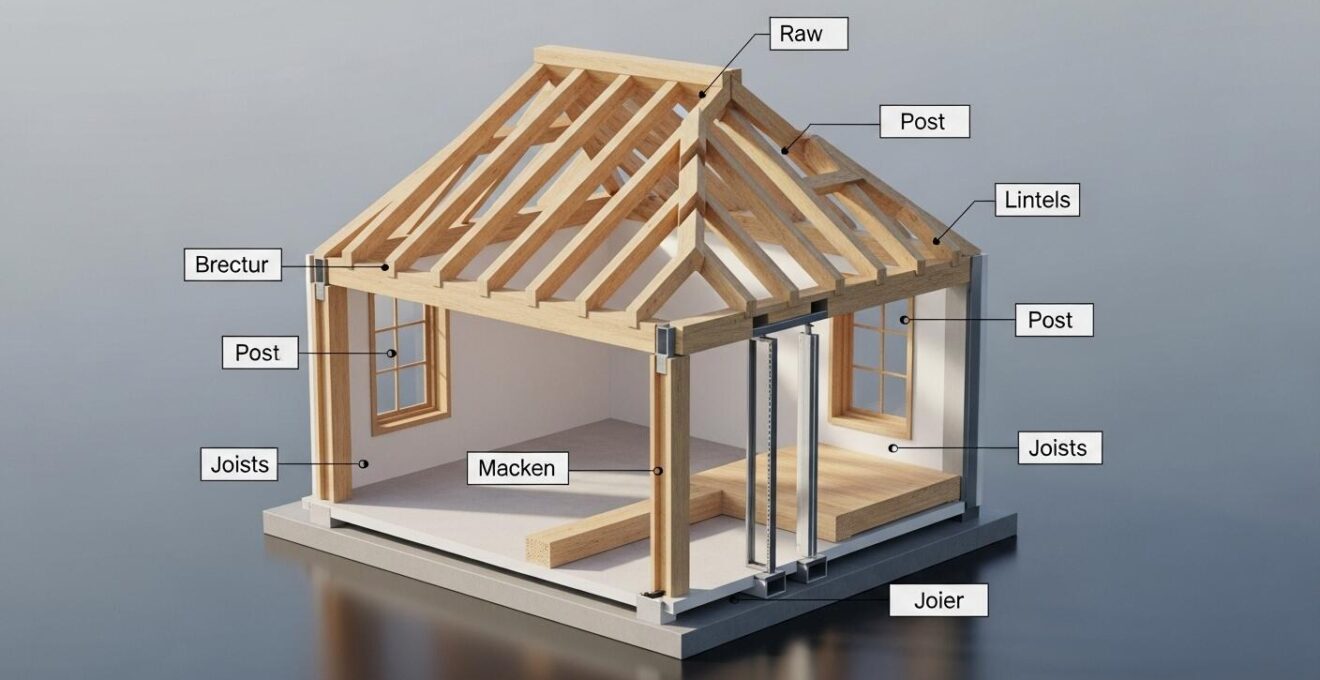 Illustration claire et détaillée des poutres, poteaux, linteaux et solives dans la structure d’une maison québécoise