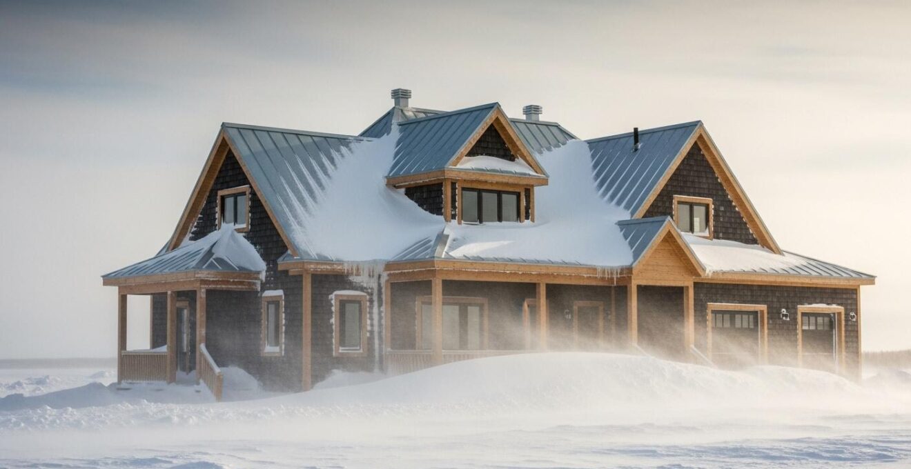Maison québécoise solide face à la neige, au gel et au vent hivernaux