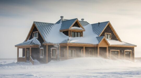 Maison québécoise solide face à la neige, au gel et au vent hivernaux