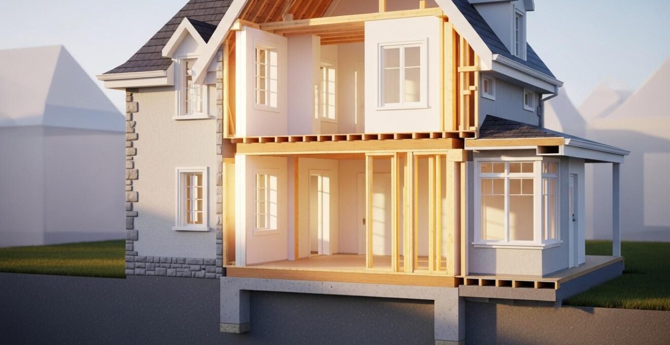 Vue architecturale détaillée d'une maison québécoise montrant les murs porteurs en surbrillance avec contours lumineux et les fondations visibles