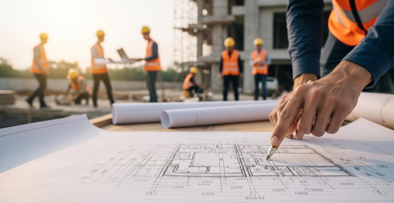 Un chantier de construction en activité avec des plans d'exécution détaillés en premier plan, illustrant la coordination des différents corps de métier.
