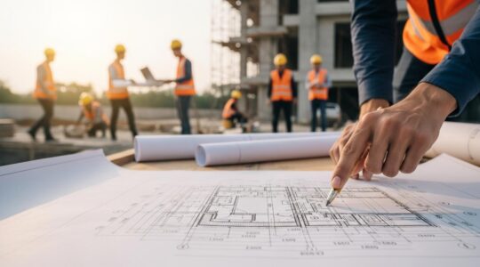 Un chantier de construction en activité avec des plans d'exécution détaillés en premier plan, illustrant la coordination des différents corps de métier.