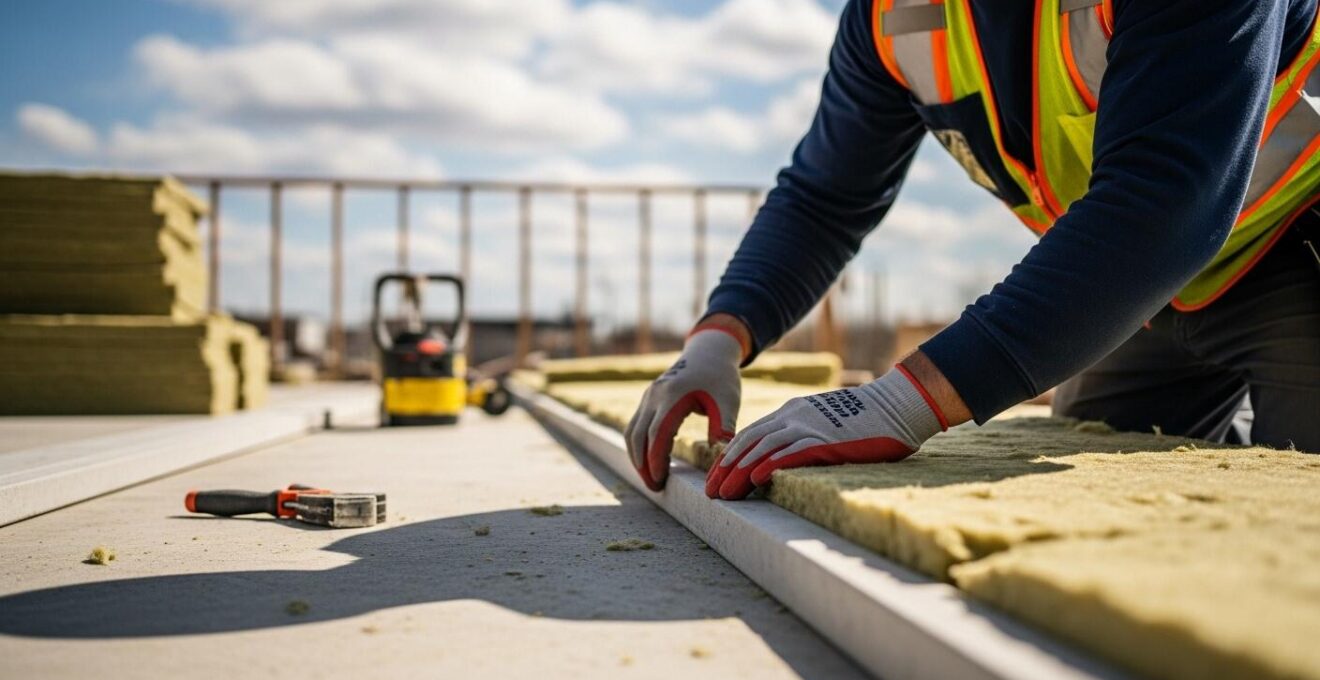 Ouvrier professionnel en chantier de construction au Québec supervisant la pose précise de matériaux, symbolisant la qualité d'exécution essentielle