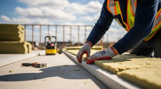Ouvrier professionnel en chantier de construction au Québec supervisant la pose précise de matériaux, symbolisant la qualité d'exécution essentielle