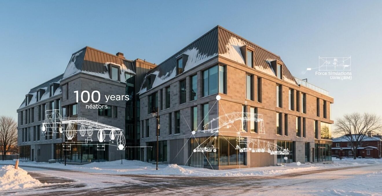 Vue symbolique d'un bâtiment moderne au Québec, montrant la robustesse structurelle et la pérennité sur un siècle