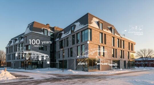 Vue symbolique d'un bâtiment moderne au Québec, montrant la robustesse structurelle et la pérennité sur un siècle