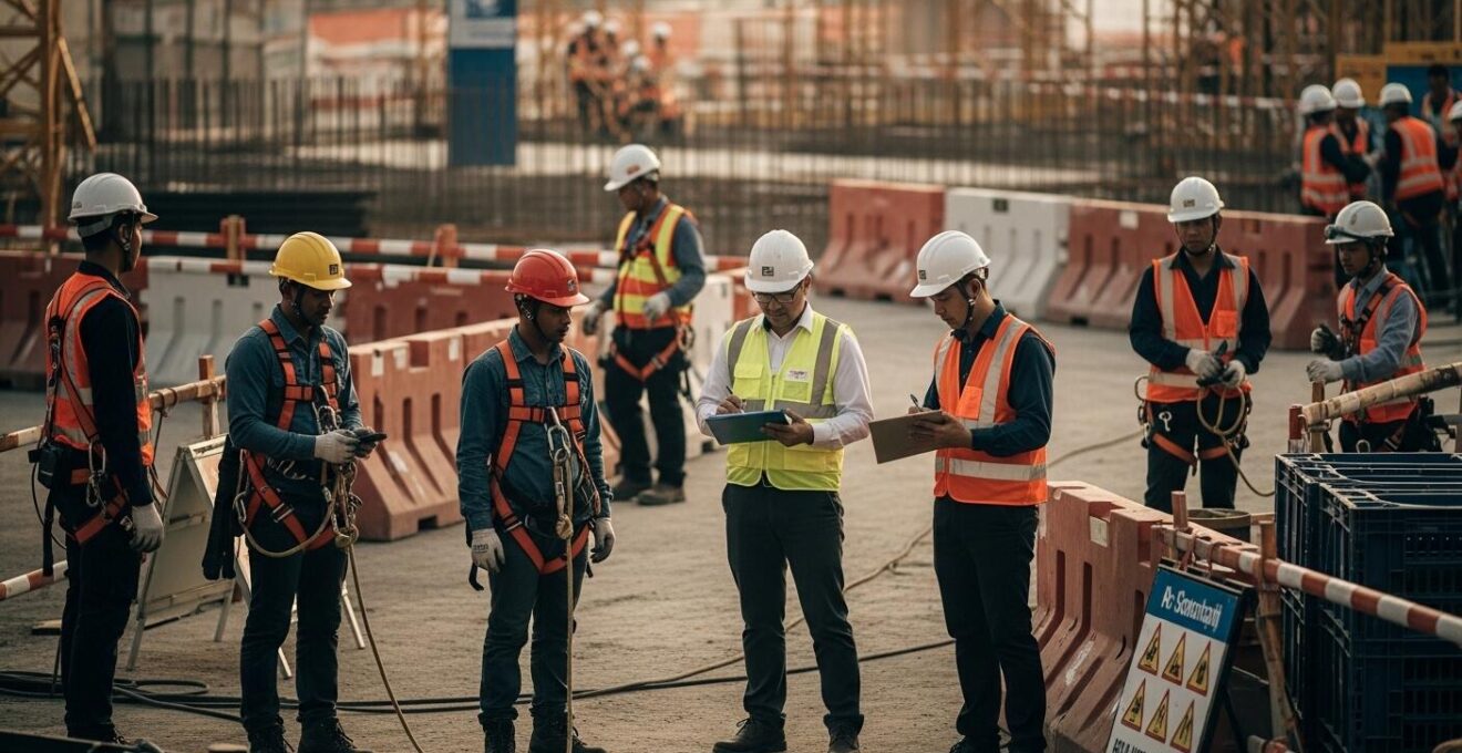 Image d'un chantier de construction où plusieurs ouvriers portent des équipements de protection individuels, avec un inspecteur vérifiant les consignes de sécurité.