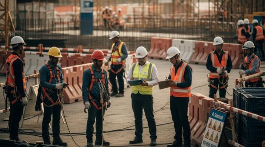 Image d'un chantier de construction où plusieurs ouvriers portent des équipements de protection individuels, avec un inspecteur vérifiant les consignes de sécurité.