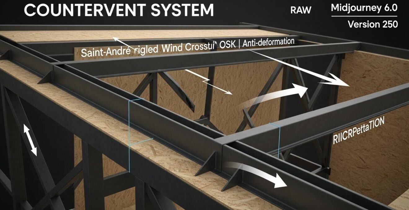 Schéma explicatif du système de contreventement avec croix de Saint-André, panneaux OSB et portiques en acier, montrant les forces contre les vents et séismes