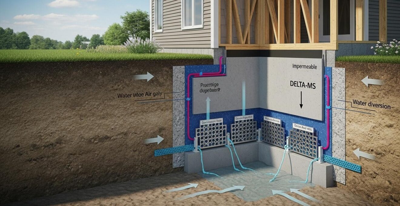 Schéma détaillé montrant un sous-sol sec avec membrane d’imperméabilisation et panneau de drainage autour des fondations dans un terrain québécois humide