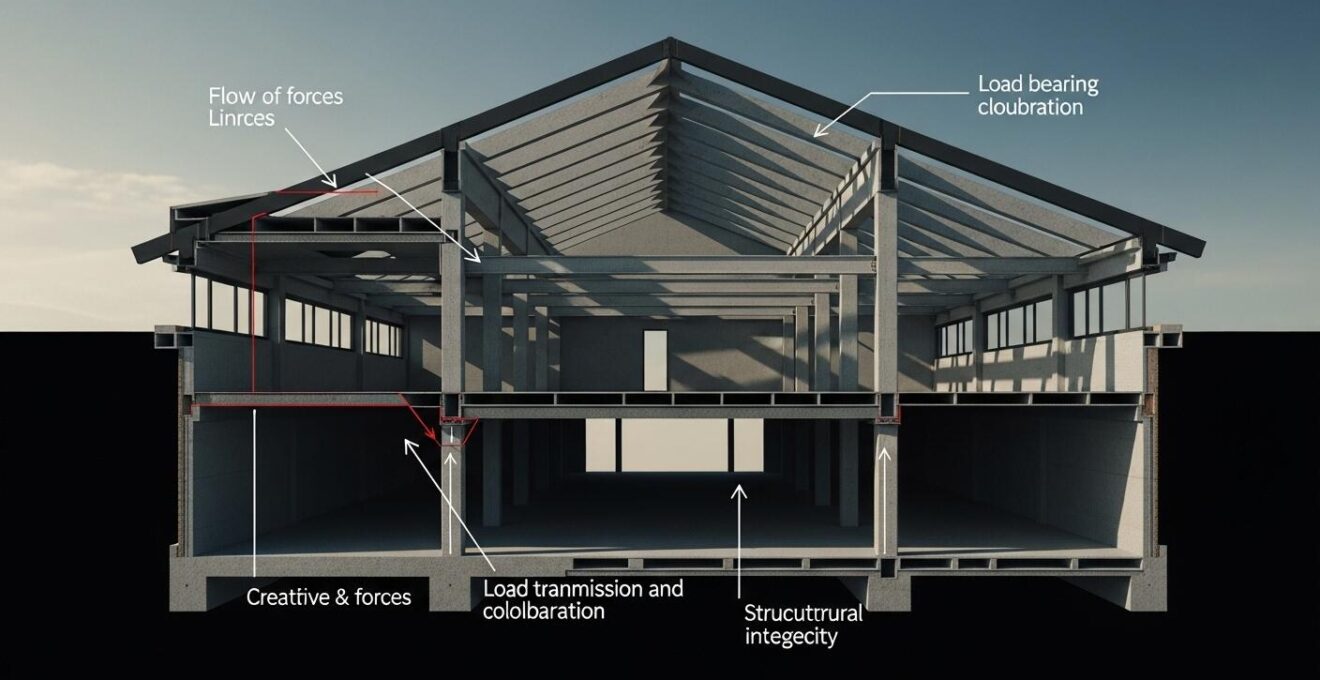 Vue en coupe d'un bâtiment montrant la structure interne des poutres, poteaux et toiture avec des forces et flèches illustrant la transmission des charges