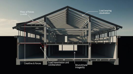 Vue en coupe d'un bâtiment montrant la structure interne des poutres, poteaux et toiture avec des forces et flèches illustrant la transmission des charges