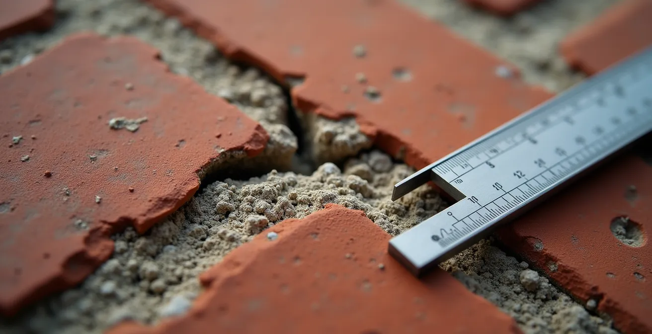 Vue rapprochée d'une fissure dans un mur de briques avec outil de mesure