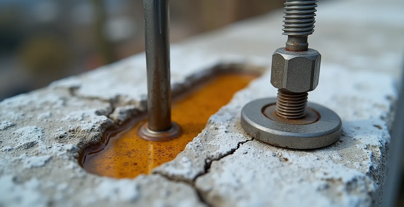 Comparaison macro entre un ancrage mécanique et un scellement chimique dans du béton fissuré par le gel